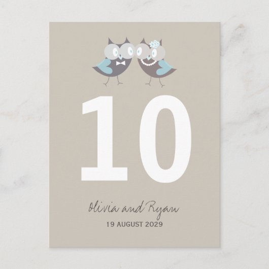Whimsical Wedding Bruin Blauwe Uilen Tafelnummer (Voorkant)