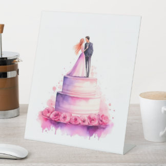 Whimsical Wedding Cake Couple Sign - Romantic Wate Reclamebord Met Voetstuk