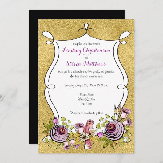 Whimsical Wedding Invite | FAUX Gold Foil, Flowers Kaart (Voorkant / Achterkant)