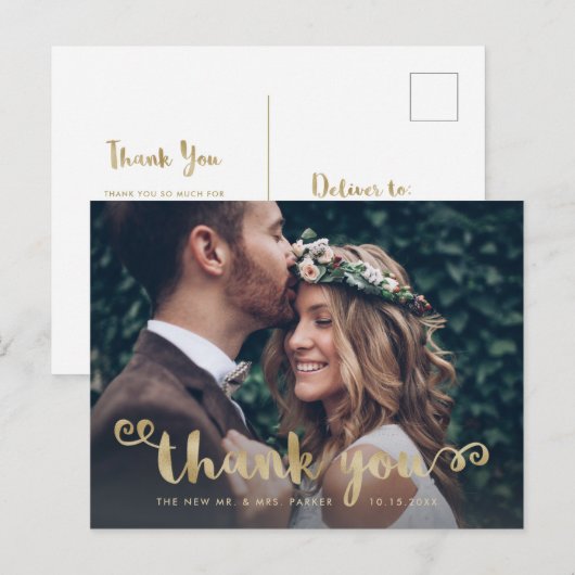 Whimsical Wedding Photo Faux Gold Script Bedankt Briefkaart (Voorkant / Achterkant)