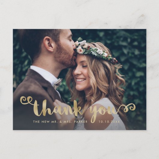 Whimsical Wedding Photo Faux Gold Script Bedankt Briefkaart (Voorkant)