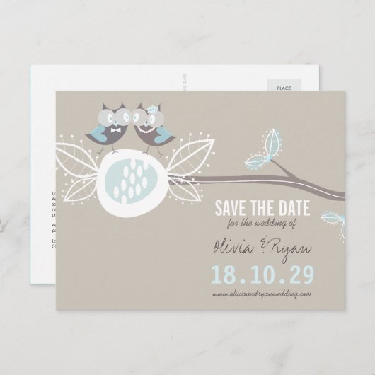 Whimsical Wedding Uils Tree Branch Sla de datum op Aankondigingskaart (Voorkant / Achterkant)