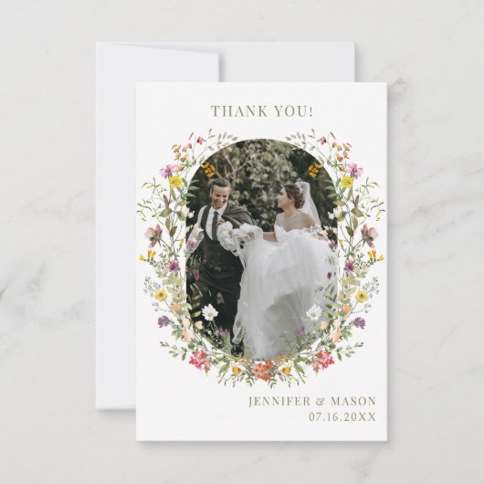 Whimsical weide wildflower bruiloft foto bedankkaart (Voorkant)