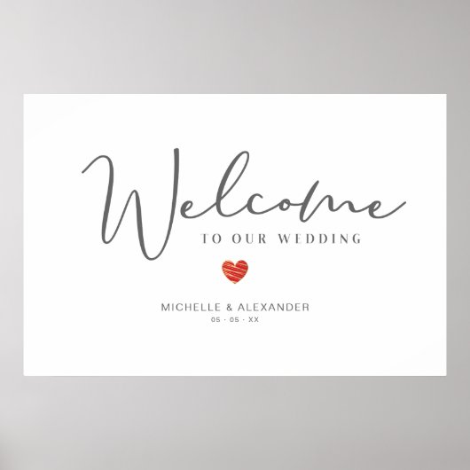 Whimsical Welcome Guests Wedding Red Heart Sign Poster (Voorkant)
