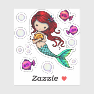 Whimsical Wereld Zoete Zeemeermin met Vis en Bubbl Sticker