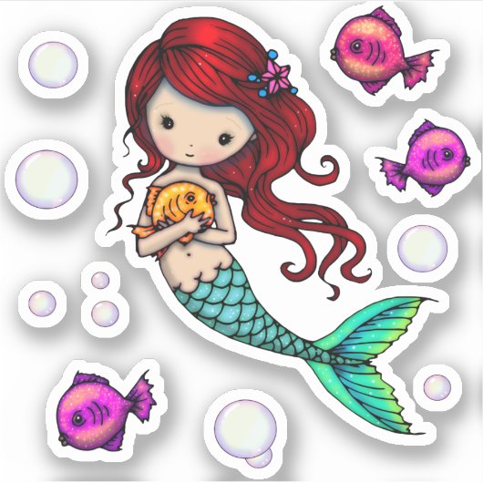 Whimsical Wereld Zoete Zeemeermin met Vis en Bubbl Sticker (Voorkant)