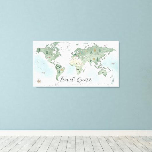 Whimsical Wereldkaart Wall Art - Waterverf Natuur Canvas Afdruk (Insitu (Houten vloer))
