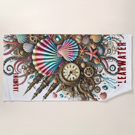 WHIMSICAL WHACKY STEAMPUNK SCALLOP SHELL op WIT Strandlaken (Voorkant)