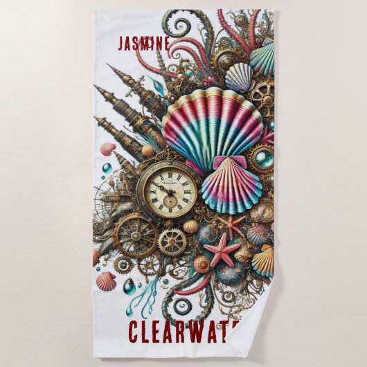 WHIMSICAL WHACKY STEAMPUNK SCALLOP SHELL op WIT Strandlaken (Voorkant)