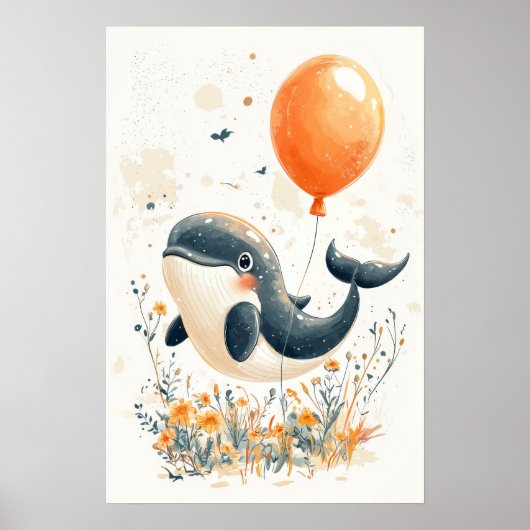 Whimsical Whale Illustration met Oranje ballon A Poster (Voorkant)