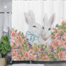 Whimsical White Bunny Rabbits, Pink Flowers Pastel