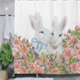 Whimsical White Bunny Rabbits, Pink Flowers Pastel Douchegordijn