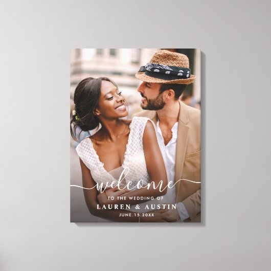 Whimsical White Calligraphy Photo Weddenschap Welc Canvas Afdruk (Voorkant)