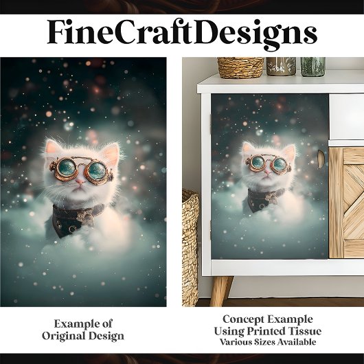 Whimsical White Cat, Kitten, Kat H2 Decoupage Tissuepapier