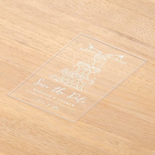 Whimsical White Champagne Tower Bewaar de datum Acryl Uitnodigingen (Laagn)