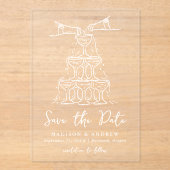 Whimsical White Champagne Tower Bewaar de datum Acryl Uitnodigingen (Voorkant)