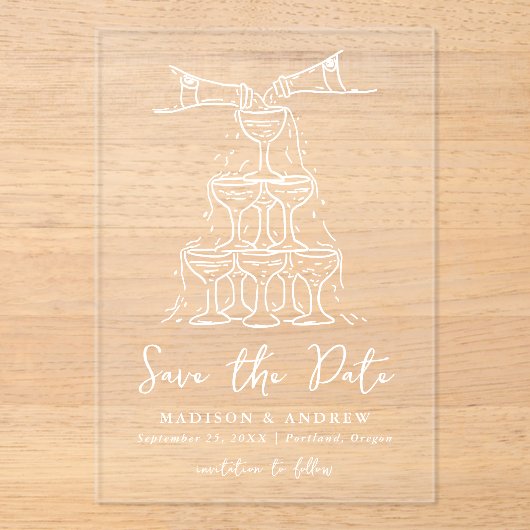 Whimsical White Champagne Tower Bewaar de datum Acryl Uitnodigingen (Voorkant)