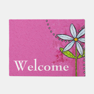 Whimsical White Daisy Flower Pink Deurmat