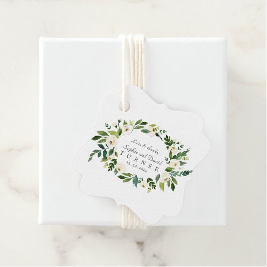 Whimsical White Floral Wreath Handwriting Weddensc Bedankjes Labels (In situ)