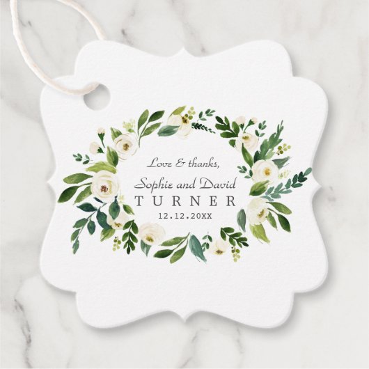 Whimsical White Floral Wreath Handwriting Weddensc Bedankjes Labels (Voorkant)