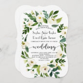 Whimsical White Floral Wreath Handwriting Weddensc Kaart (Voorkant / Achterkant)