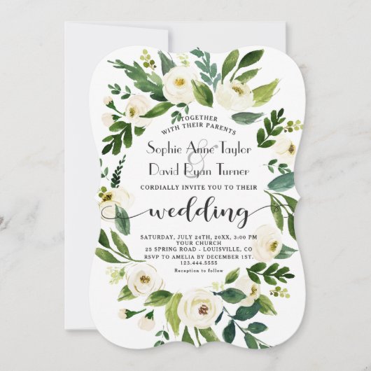 Whimsical White Floral Wreath Handwriting Weddensc Kaart (Voorkant)