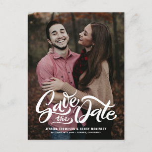 Whimsical White Hand Lettered Photo Overlay Floral Aankondigingskaart