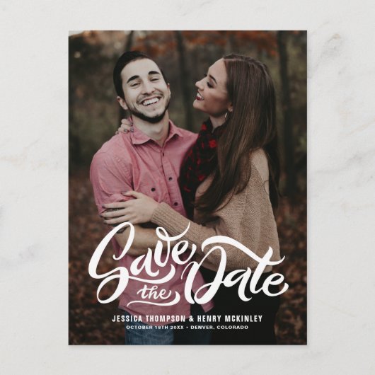 Whimsical White Hand Lettered Photo Overlay Floral Aankondigingskaart (Voorkant)