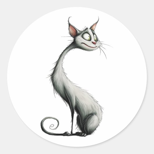 Whimsical White Long Neck Cat Illustratie Ronde Sticker (Voorkant)