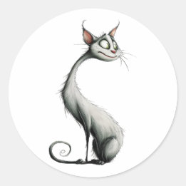 Whimsical White Long Neck Cat Illustratie Ronde Sticker