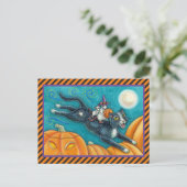 WHIMSICAL WHITE MICE RIDING HALLOWEEN BLACK CAT BRIEFKAART (Staand voorkant)
