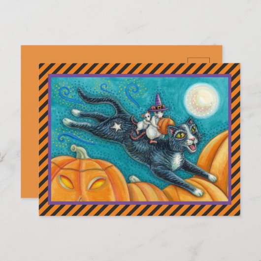 WHIMSICAL WHITE MICE RIDING HALLOWEEN BLACK CAT BRIEFKAART (Voorkant / Achterkant)