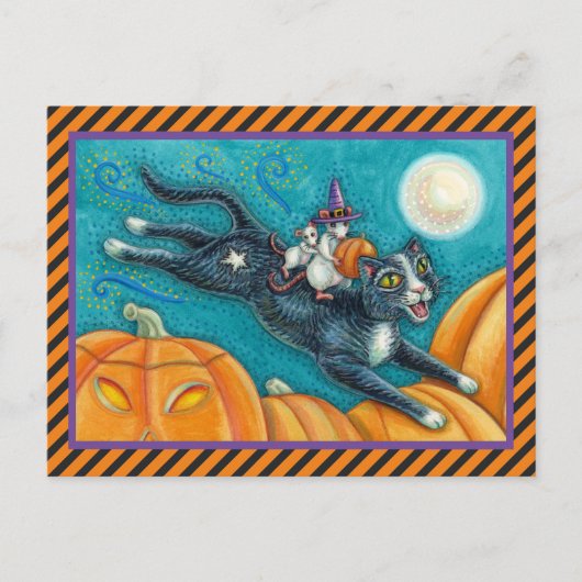 WHIMSICAL WHITE MICE RIDING HALLOWEEN BLACK CAT BRIEFKAART (Voorkant)