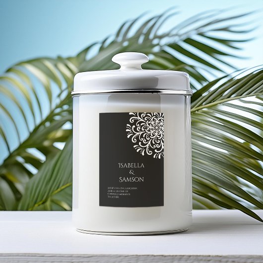 Whimsical White op Black Flourish Candle Label Voedselcontainer Etiket