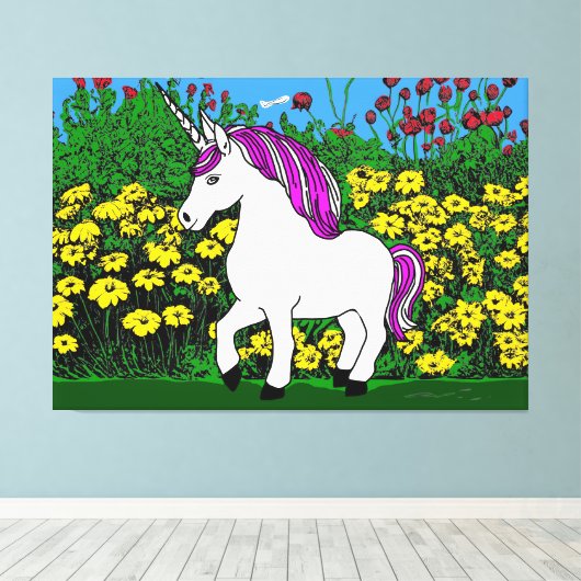 Whimsical White Paarse Verjaardag Eenhoorn Canvas Afdruk (Insitu (Houten vloer))