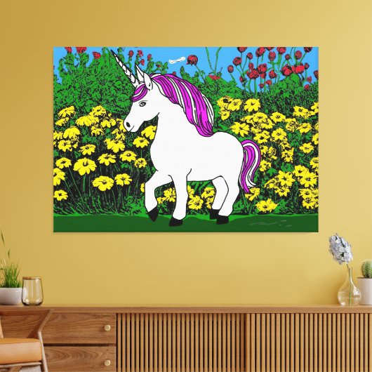 Whimsical White Paarse Verjaardag Eenhoorn Canvas Afdruk (Insitu (Woonkamer))