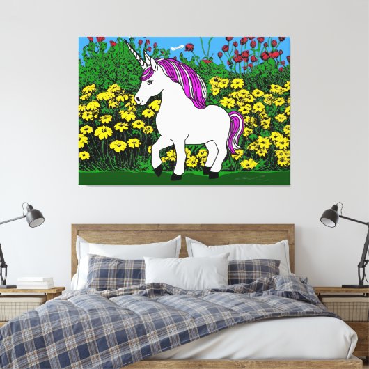 Whimsical White Paarse Verjaardag Eenhoorn Canvas Afdruk (Insitu (Slaapkamer))