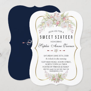 Whimsical White Pink Flowers Gold Lijst Sweet 16 Kaart