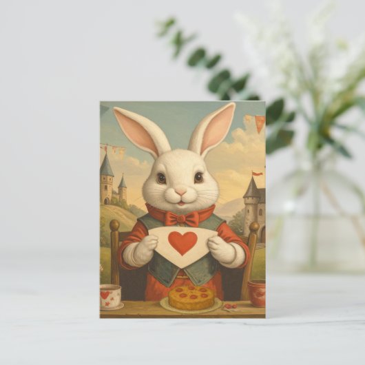 Whimsical White Rabbit Hearts Enchanted Wonderland Briefkaart (Staand voorkant)