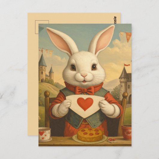 Whimsical White Rabbit Hearts Enchanted Wonderland Briefkaart (Voorkant / Achterkant)