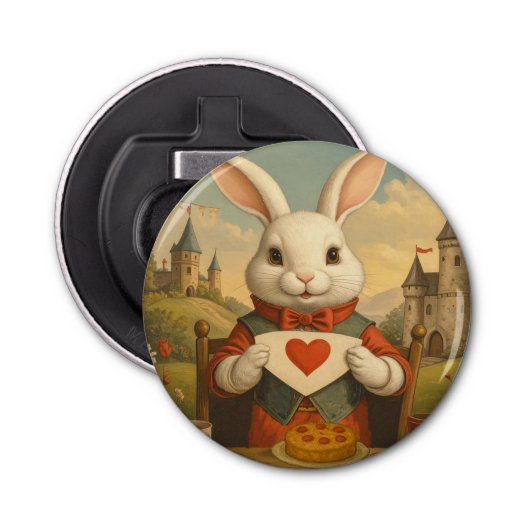 Whimsical White Rabbit Hearts Enchanted Wonderland Button Flesopener (Voorkant)