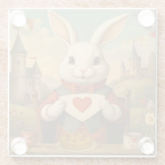 Whimsical White Rabbit Hearts Enchanted Wonderland Glazen Onderzetter (Achterkant)