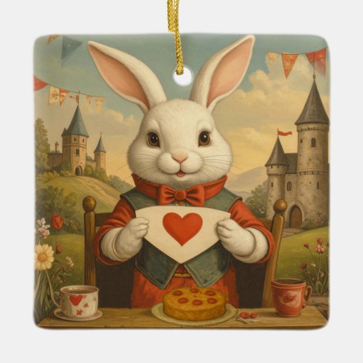 Whimsical White Rabbit Hearts Enchanted Wonderland Keramisch Ornament (Voorkant)