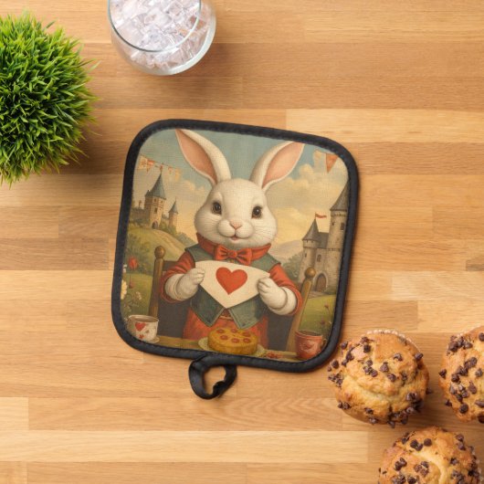 Whimsical White Rabbit Hearts Enchanted Wonderland Pannenlap (Top down)