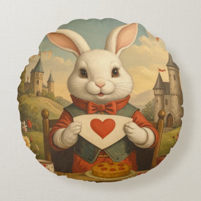 Whimsical White Rabbit Hearts Enchanted Wonderland Rond Kussen (Voorkant)
