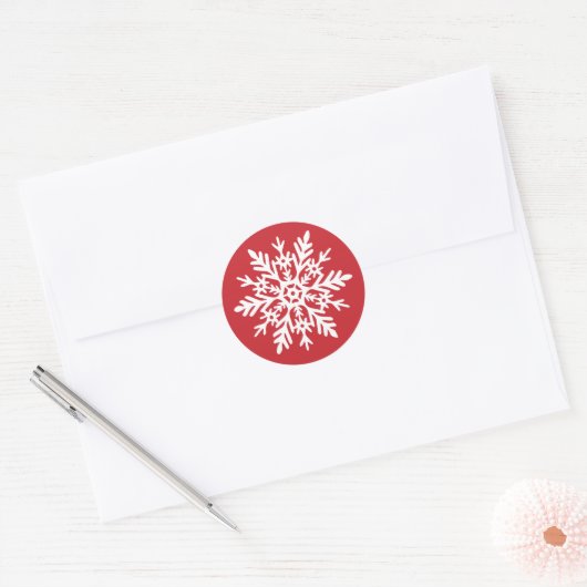 Whimsical White Snowflake Red Christmas Ronde Sticker (Envelop)