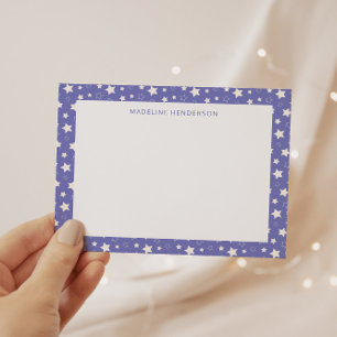Whimsical White Stars Periwinkle Blue Monogram Notitiekaartje