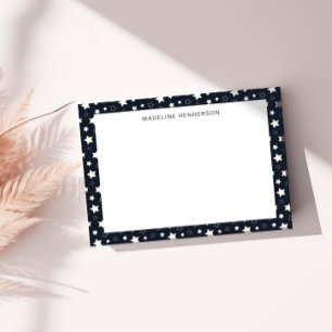 Whimsical White Stars Zwart Monogram Notitiekaartje