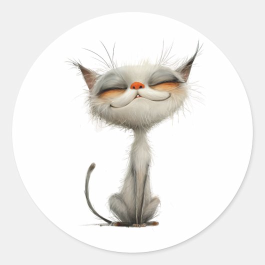 Whimsical White tevreden kat illustratie Ronde Sticker (Voorkant)