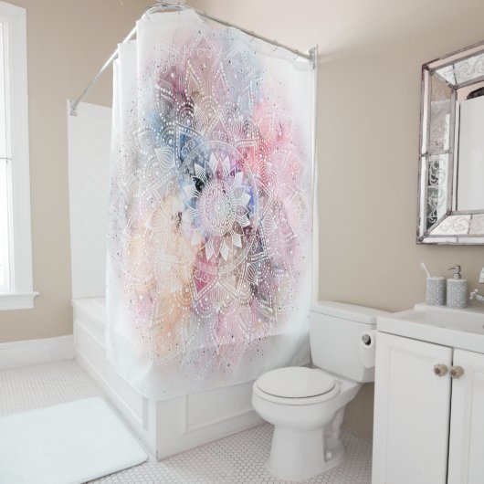 Whimsical White waterverf mandala design Douchegordijn (In situ)